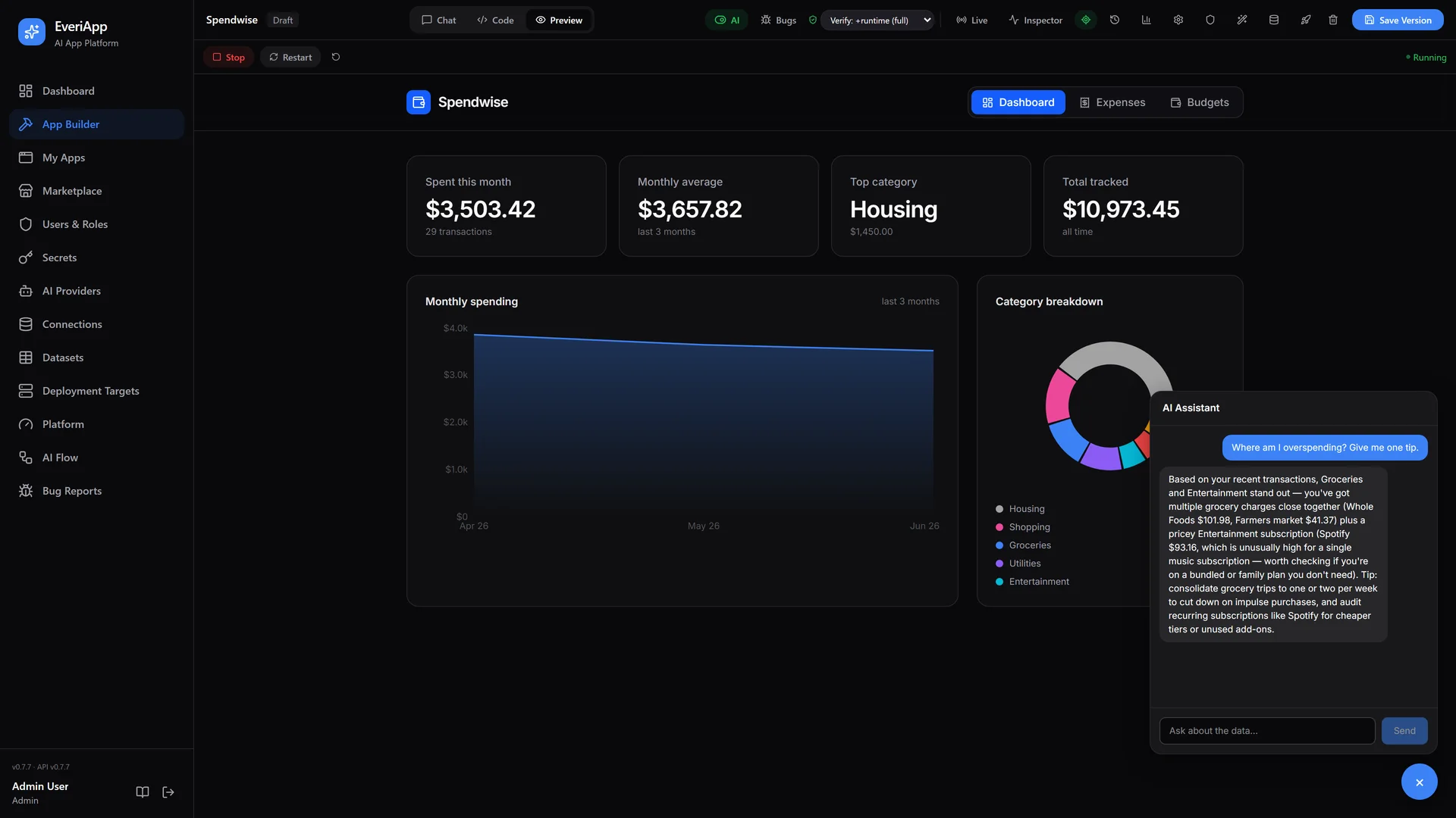 The floating AI assistant inside a generated expense-tracker app, giving budget advice grounded in the app's live data
