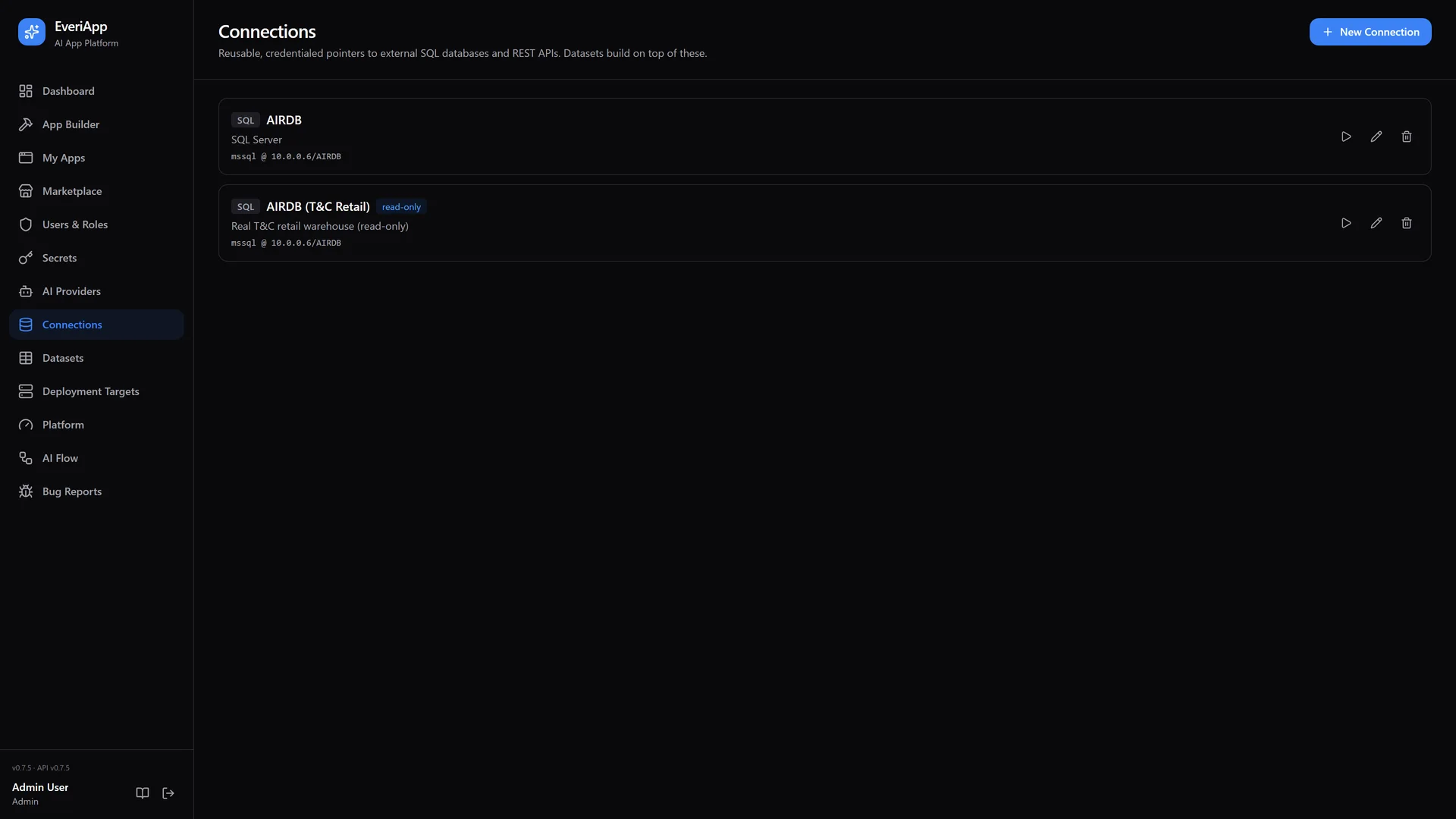 The Connections admin page with database, REST API, and AI provider connections configured once for all apps