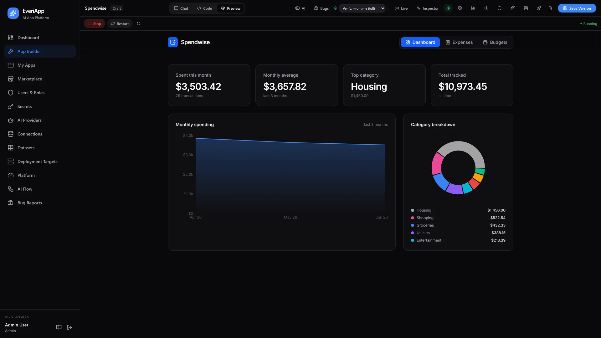 A generated expense-tracking app running live inside the EveriApp Builder