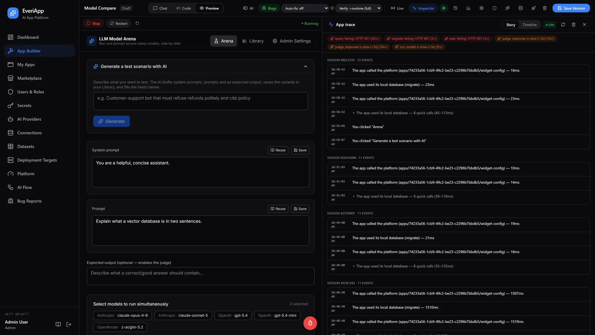 App Inspector beside a running app, flagging failing queries and slow AI calls while narrating every click and data call in plain English